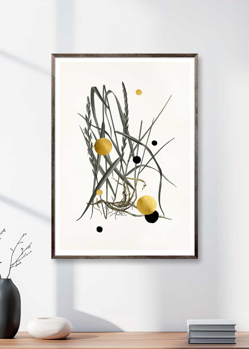 Gold and Superblack Dots Couch Grass – Giclée-print på Fabriano-papir, håndforædlet med 24K bladguld og superblack.