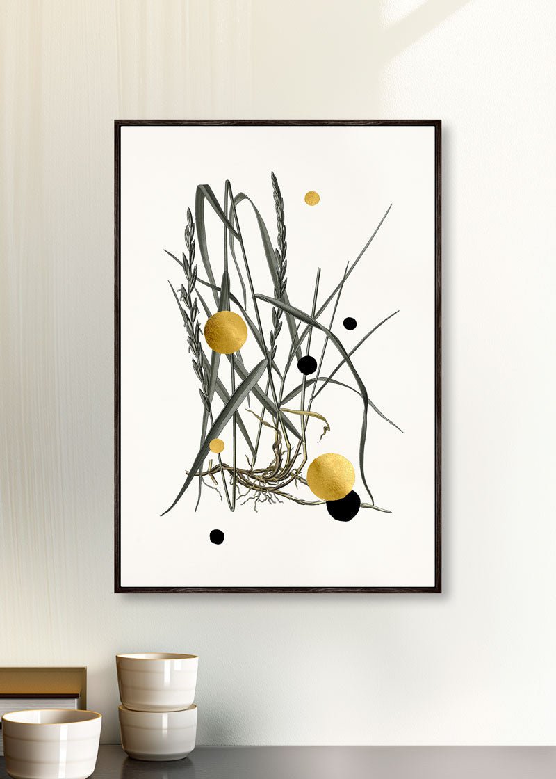 Gold and Superblack Dots Couch Grass – Håndforædlet kunsttryk med 24K bladguld og superblack detaljer.