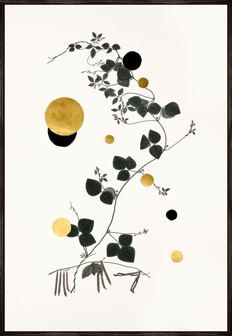 Gold and Superblack Dots Trigonella – Kunsttryk med 24K bladguld og superblack. Håndforædlet og indrammet i svæveramme