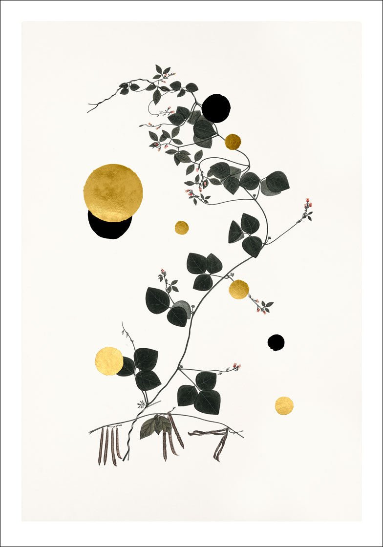 Gold and Superblack Dots Trigonella – Giclée-print på Fabriano-papir, håndforædlet med 24K bladguld og superblack