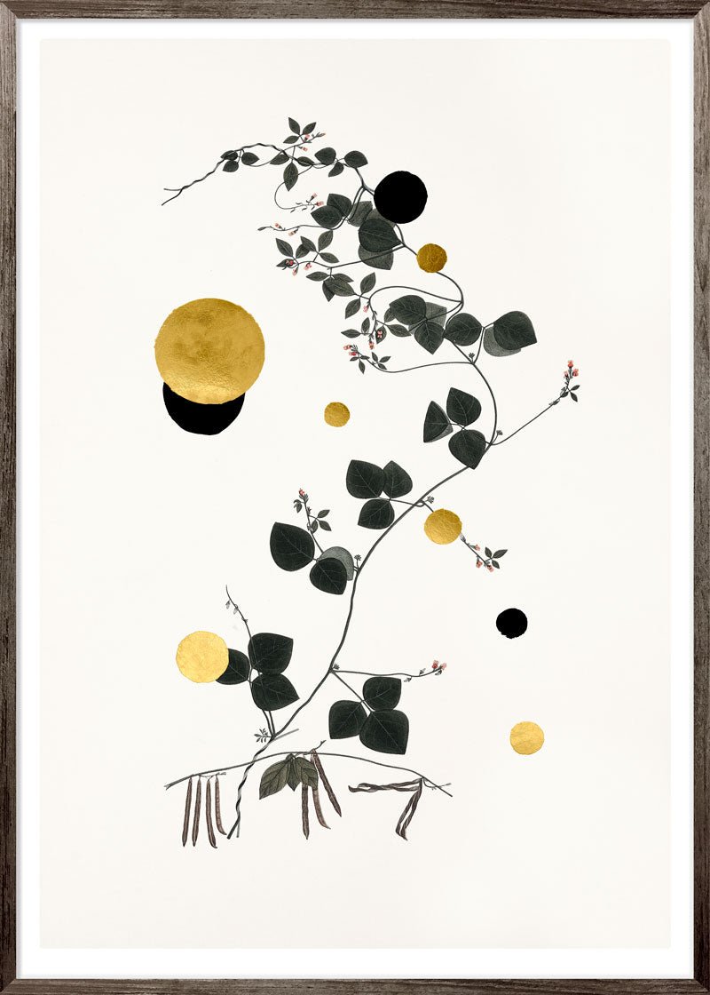 Gold and Superblack Dots Trigonella – Giclée-print på Fabriano-papir, håndforædlet med 24K bladguld og superblack