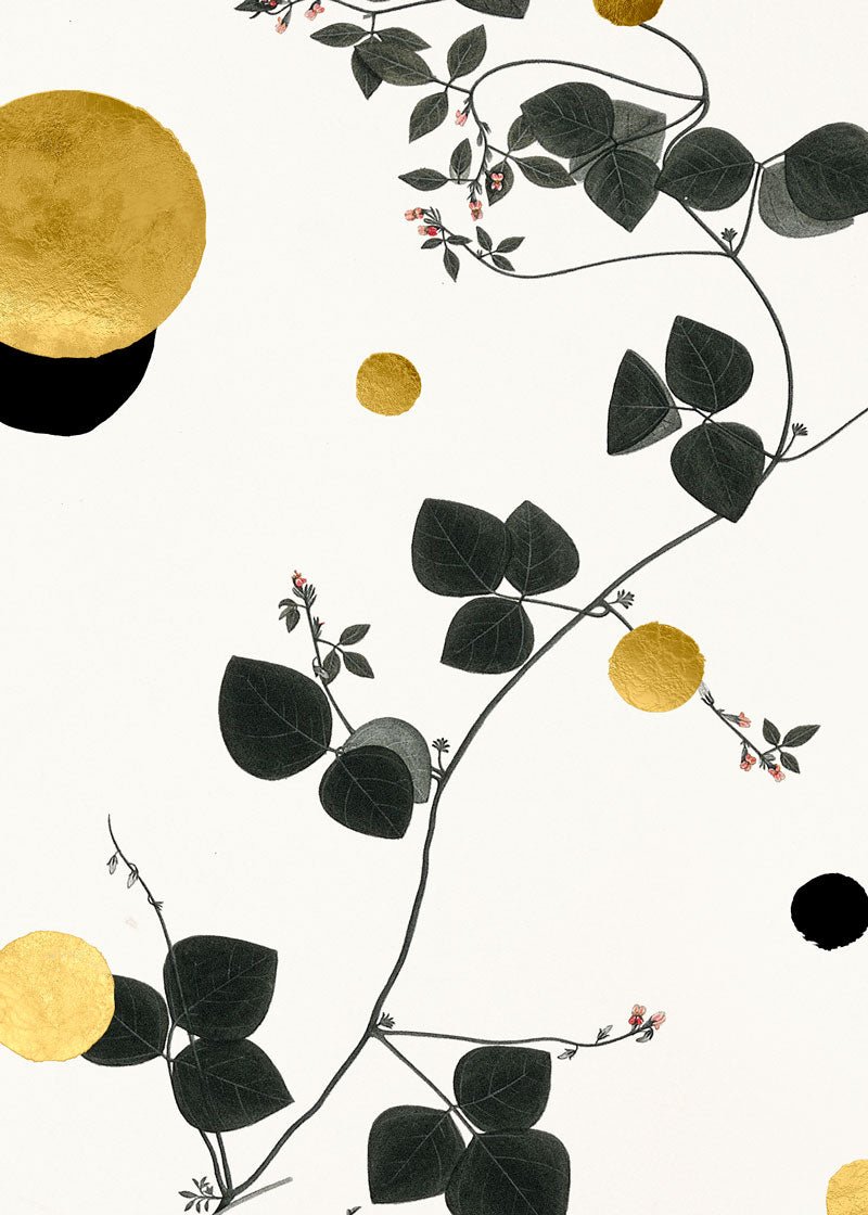 Gold and Superblack Dots Trigonella – Giclée-print på Fabriano-papir, håndforædlet med 24K bladguld og superblack