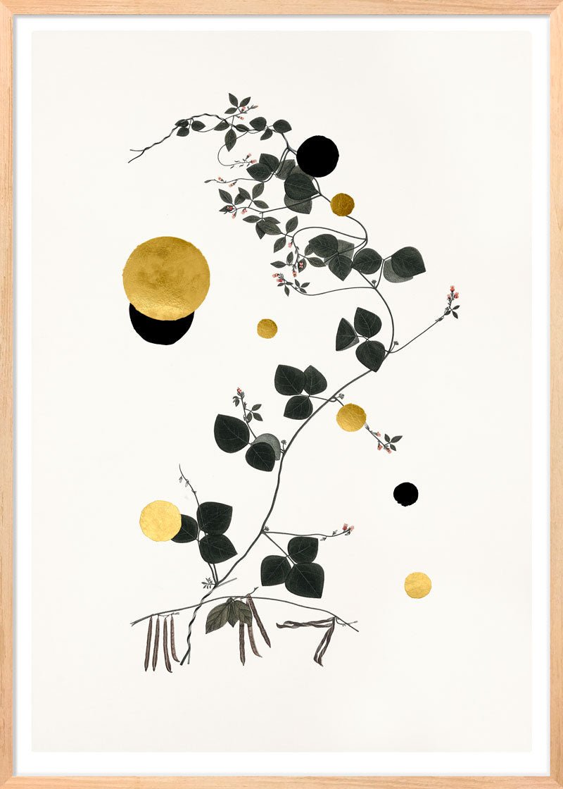 Gold and Superblack Dots Trigonella – Giclée-print på Fabriano-papir, håndforædlet med 24K bladguld og superblack