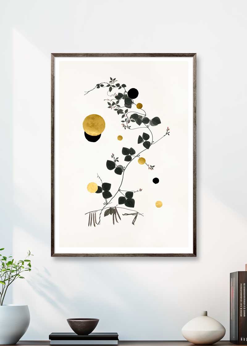 Gold and Superblack Dots Trigonella – Giclée-print på Fabriano-papir, håndforædlet med 24K bladguld og superblack
