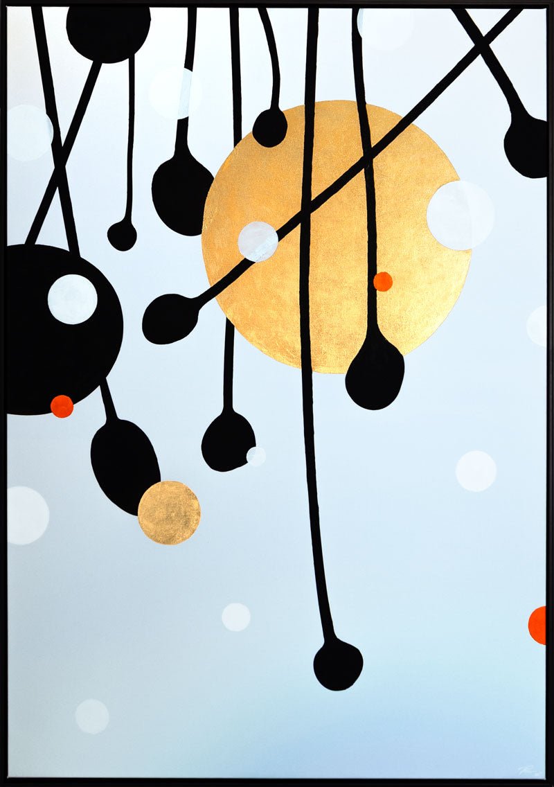 Stoltzestudio: Abstrakt Visit Before Dawn af Peter Stoltze – mixed media med 24K bladguld, sort ramme