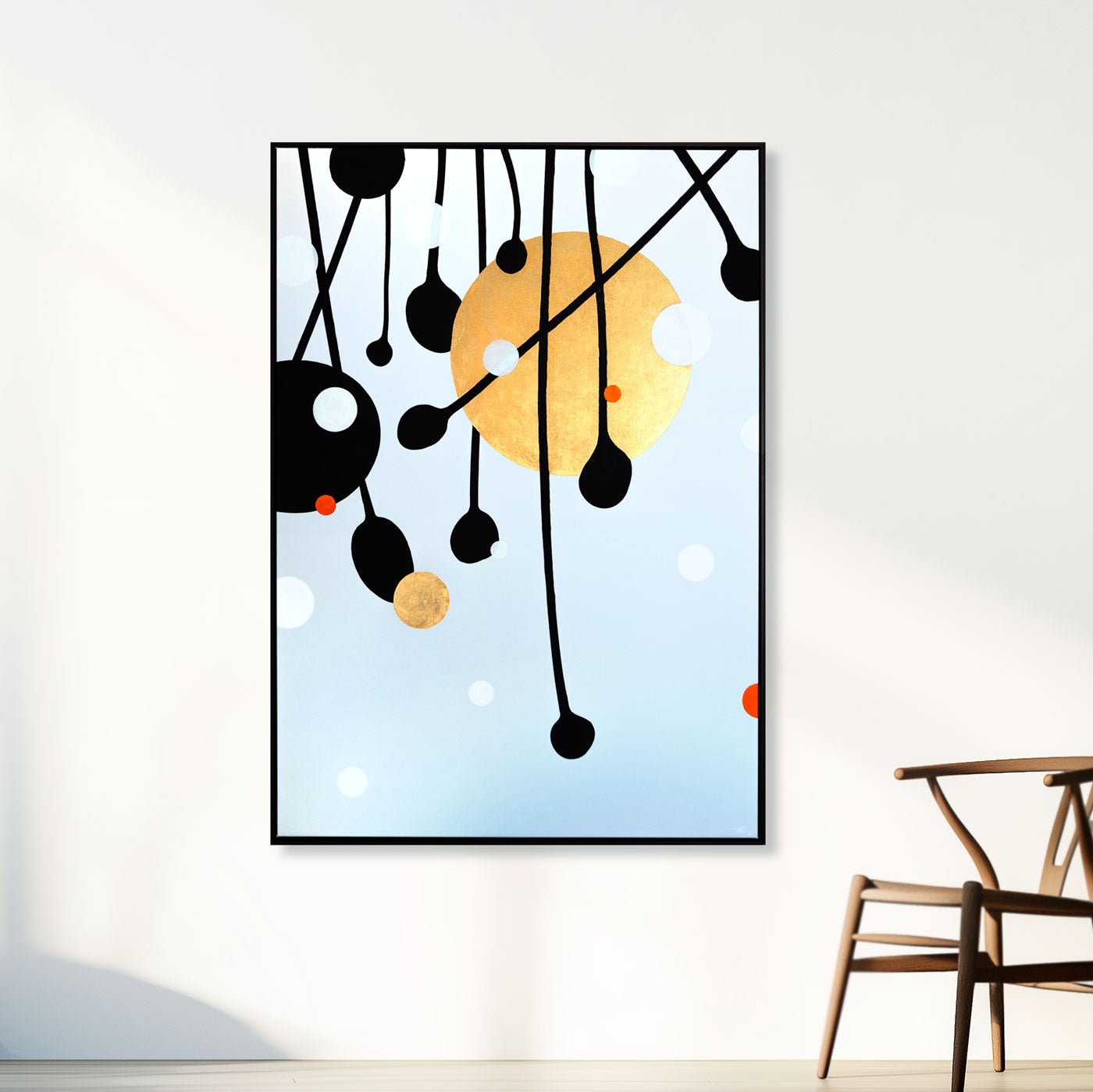 Stoltzestudio: Abstrakt Visit Before Dawn af Peter Stoltze – mixed media med 24K bladguld, sort ramme